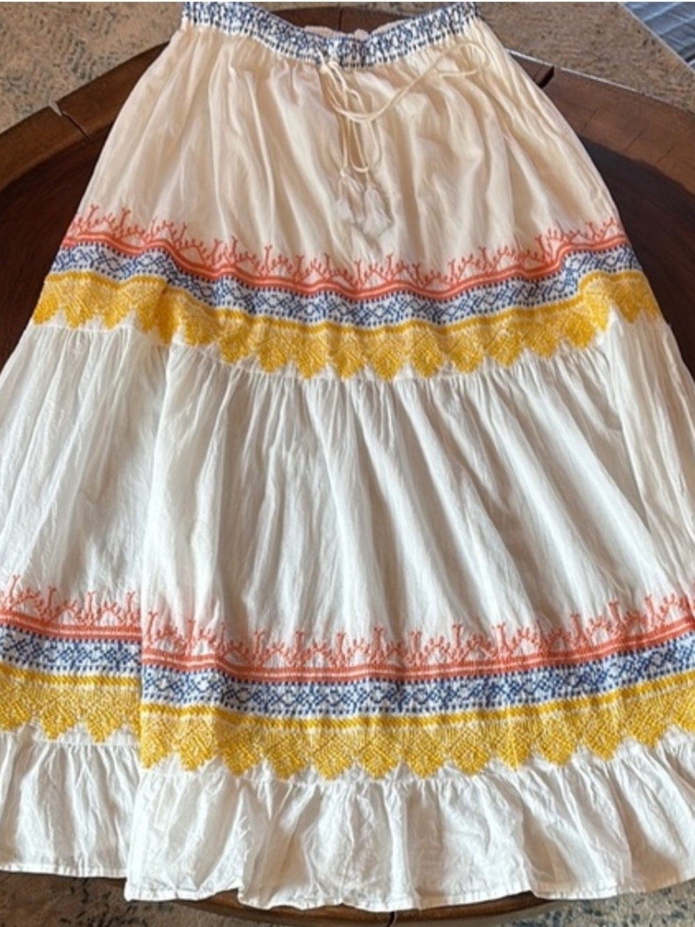 Sundance /Tolani Women’s White Tiered Boho Skirt with Yellow & Blue Embroidery